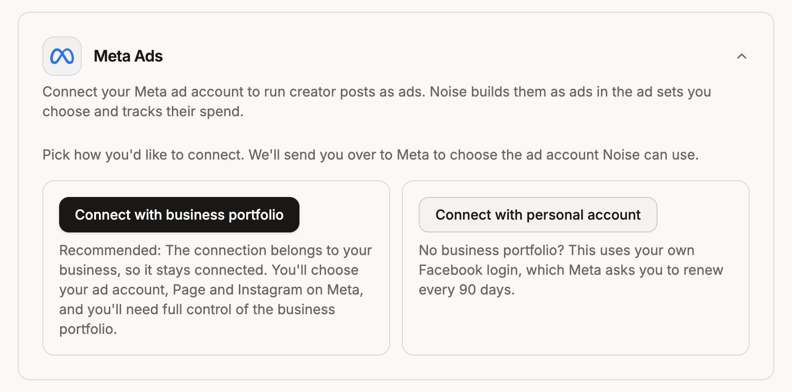 The Meta Ads card with both ways to connect
