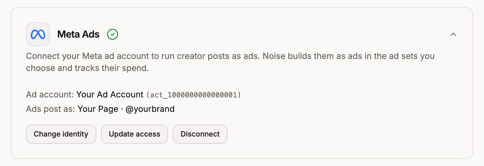 A connected Meta Ads card