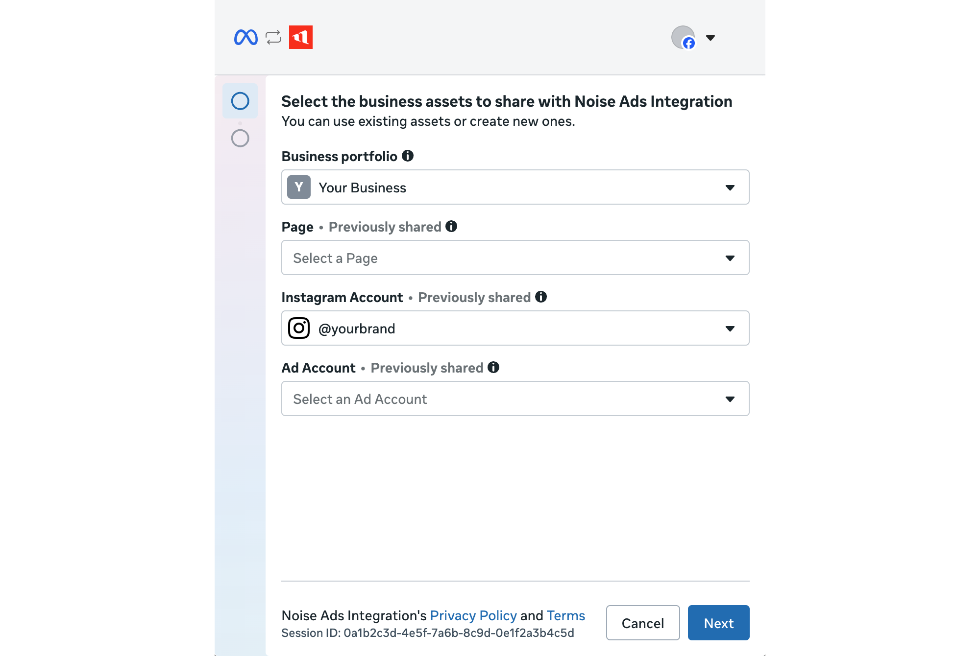 Choosing the ad account and Page on Meta