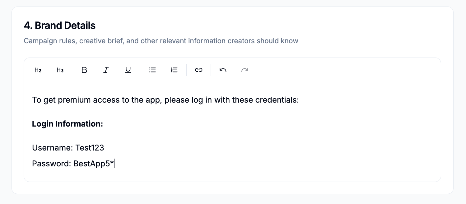 The campaign details box with login instructions